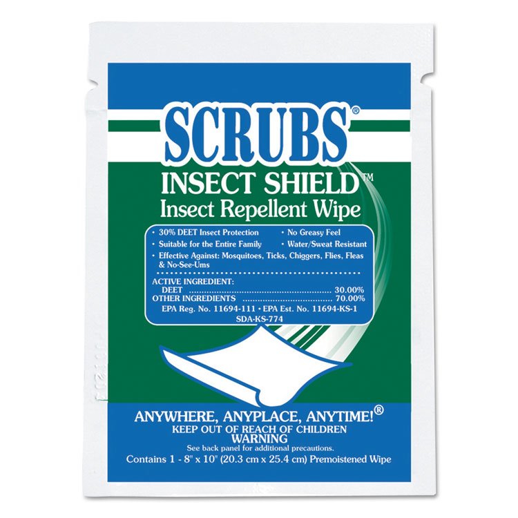 SCRUBS Insect Shield Insect Repellent Wipes, 8 x 10, Floral, 100/Carton (ITW91401)