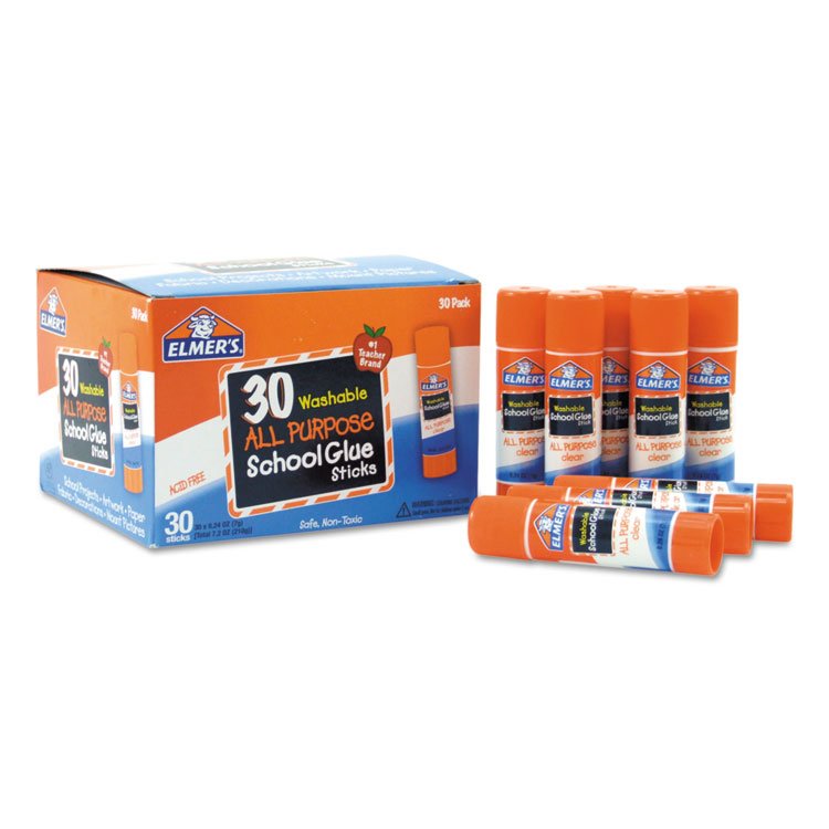Elmer's Washable School Glue Sticks, 0.24 oz, Applies and Dries Clear, 30/Box (EPIE556)