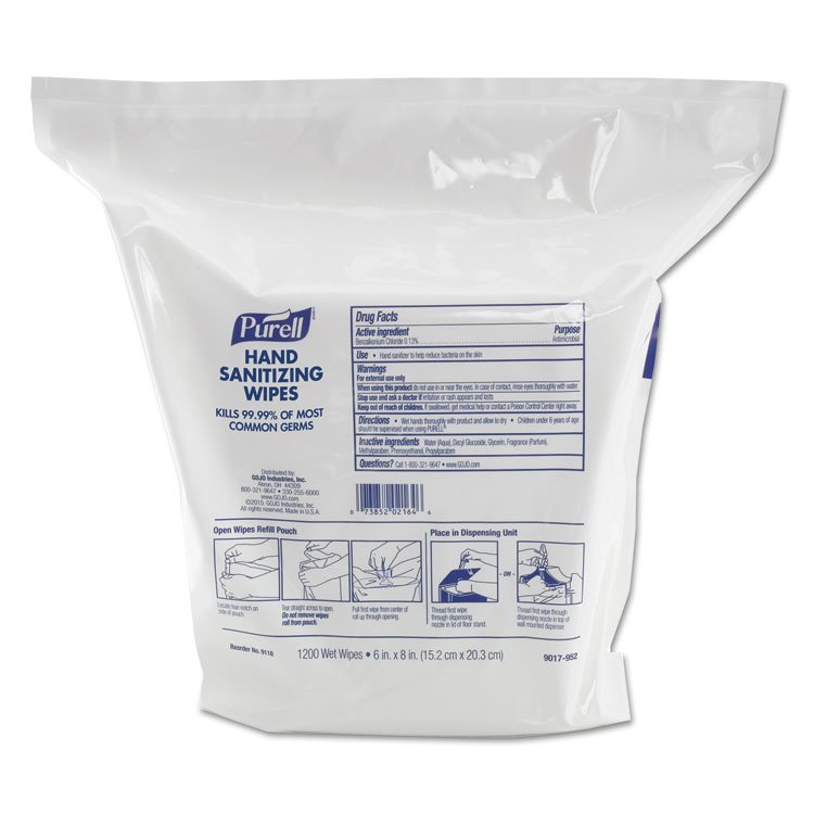 PURELL Hand Sanitizing Wipes, 6 x 8, Fresh Citrus Scent, White, 1,200/Refill Pouch, 2 Refills/Carton (GOJ911802)