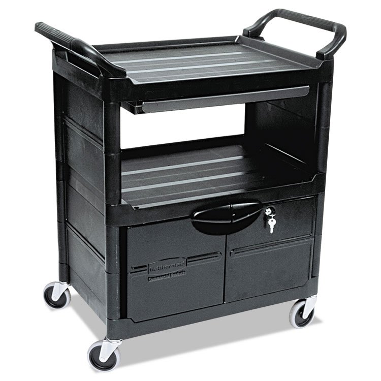 Rubbermaid Commercial Utility Cart with Locking Doors, Plastic, 3 Shelves, 200 lb Capacity, 33.63" x 18.63" x 37.75", Black (RCP345700BLA)