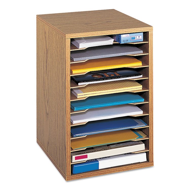 Safco Wood Vertical Desktop Sorter, 11 Compartments, 10.63 x 11.88 x 16, Medium Oak (SAF9419MO)