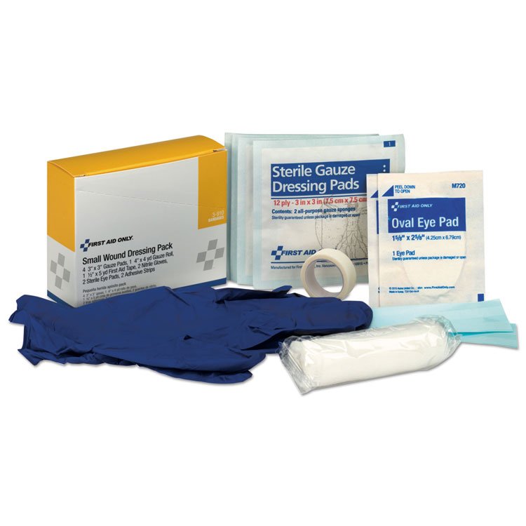 First Aid Only Small Wound Dressing Kit, Includes Gauze, Tape, Gloves, Eye Pads, Bandages (FAO3910)