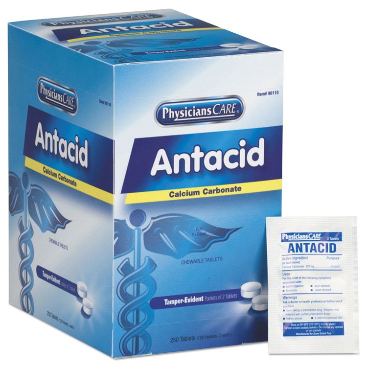 First Aid Only Over the Counter Antacid Medications for First Aid Cabinet, 2 Tablets/Packet, 125 Packets/Box (FAO90110)