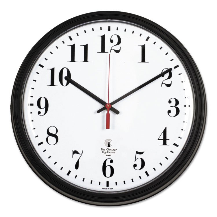 Chicago Lighthouse Black Quartz CONTRACT Clock, 13.75" Overall Diameter, Black Case, 1 AA (sold separately) (ILC67700002)