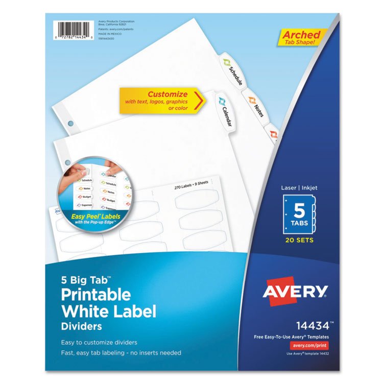 Avery Big Tab Printable White Label Tab Dividers, 5-Tab, 11 x 8.5, White, 20 Sets (AVE14434)
