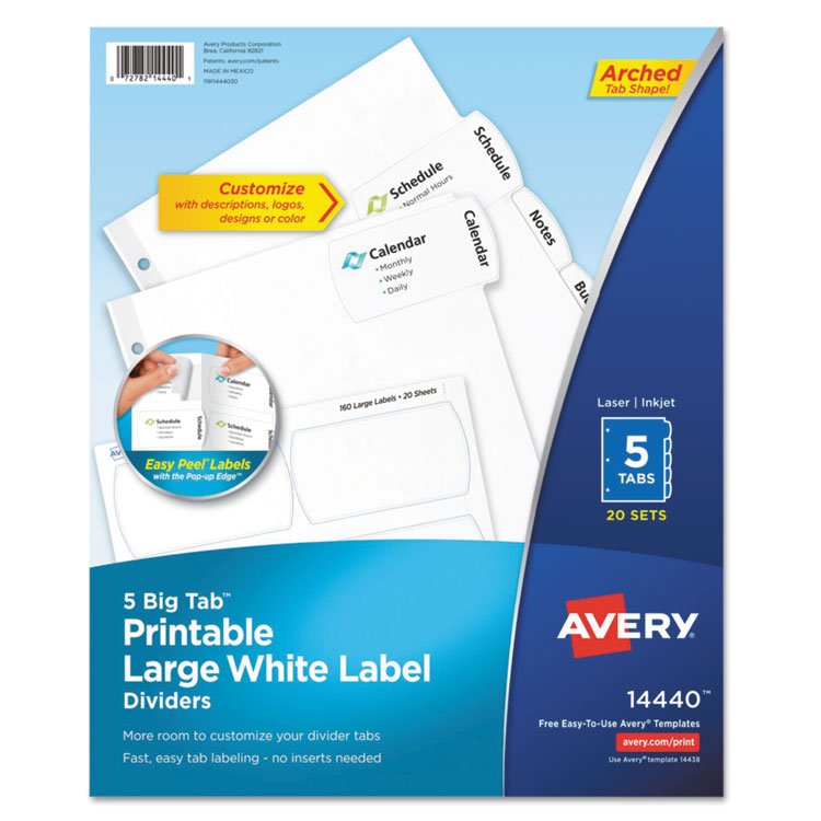 Avery Big Tab Printable Large White Label Tab Dividers, 5-Tab, 11 x 8.5, White, 20 Sets (AVE14440)