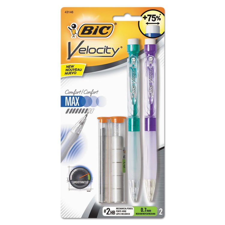 BIC Velocity Max Pencil, 0.7 mm, HB (#2), Black Lead, Assorted Barrel Colors, 2/Pack (BICMPMX7P21BK)