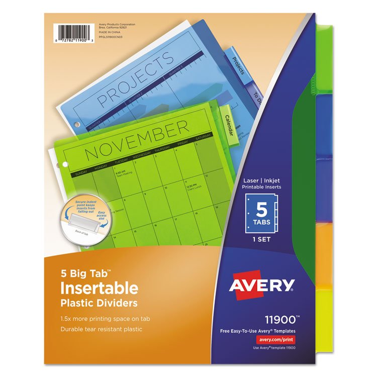 Avery Insertable Big Tab Plastic Dividers, 5-Tab, 11 x 8.5, Assorted, 1 Set (AVE11900)