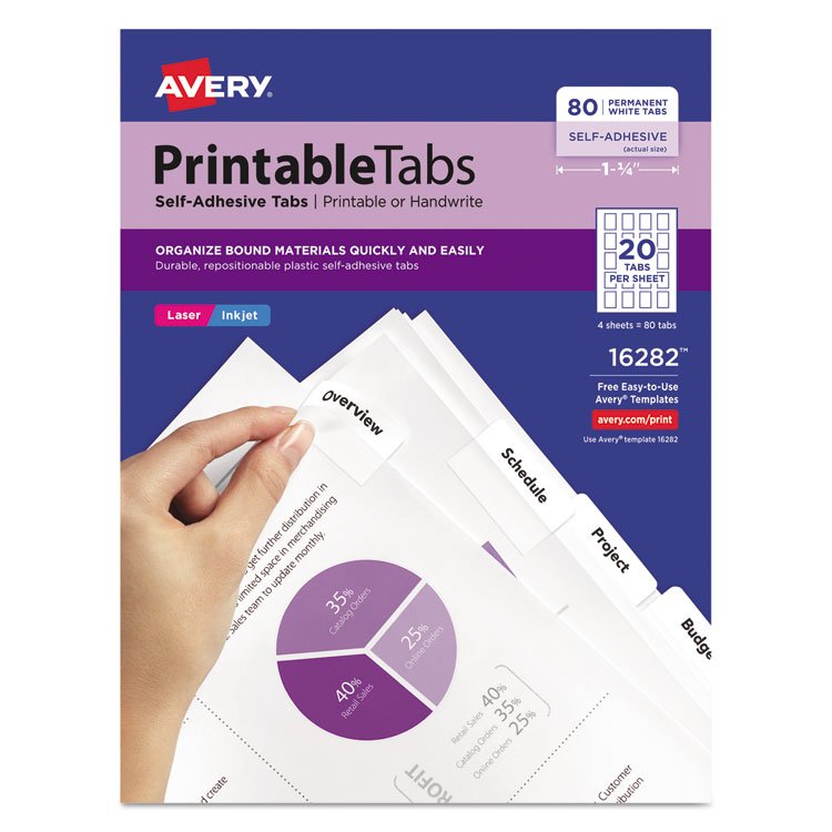 Avery Printable Plastic Tabs with Repositionable Adhesive, 1/5-Cut, White, 1.75" Wide, 80/Pack (AVE16282)