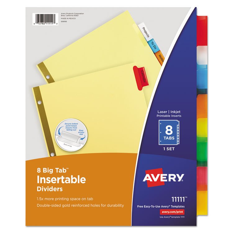 Avery Insertable Big Tab Dividers, 8-Tab, Double-Sided Gold Edge Reinforcing, 11 x 8.5, Buff, Assorted Tabs, 1 Set (AVE11111)