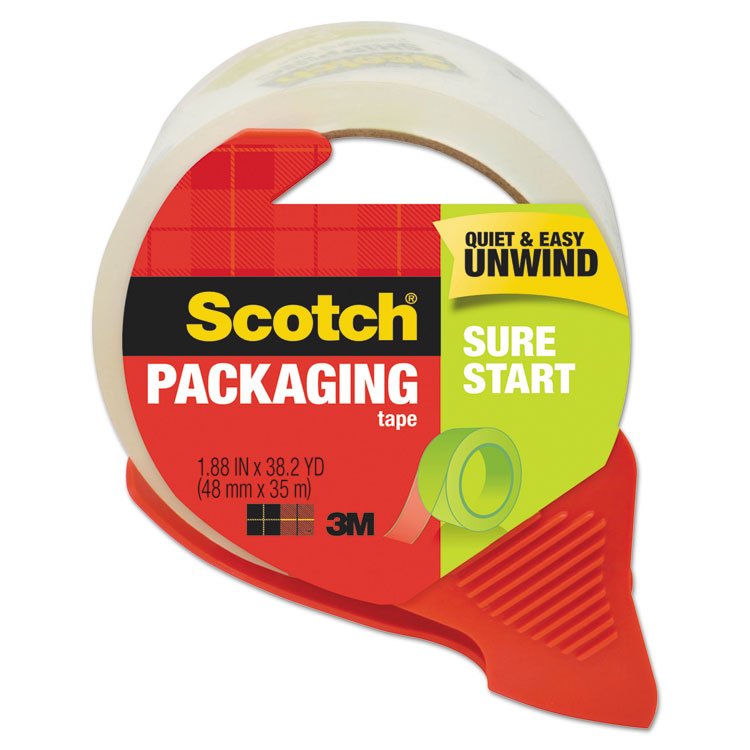 Scotch Sure Start Packaging Tape with Dispenser, 3" Core, 1.88" x 38.2 yds, Clear (MMM3450SRD)