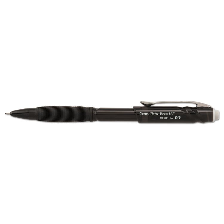Pentel Twist-Erase GT Pencils, 0.5 mm, HB (#2), Black Lead, Black Barrel (PENQE205A)