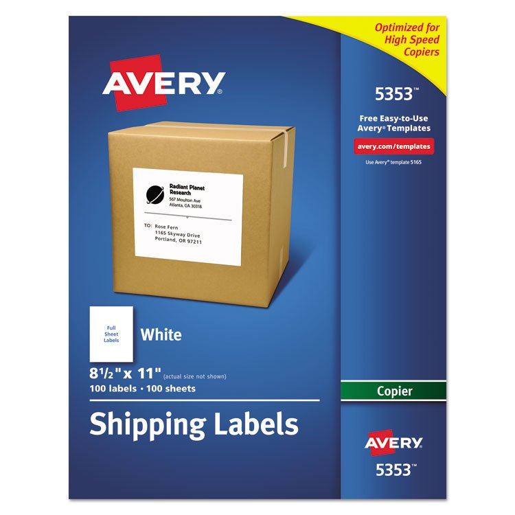 Avery Copier Mailing Labels, Copiers, 8.5 x 11, White, 100/Box (AVE5353)