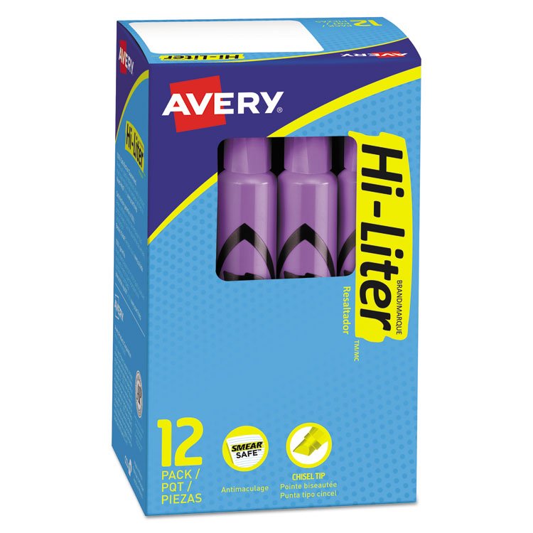 Avery HI-LITER Desk-Style Highlighters, Fluorescent Purple Ink, Chisel Tip, Purple/Black Barrel, Dozen (AVE24060)