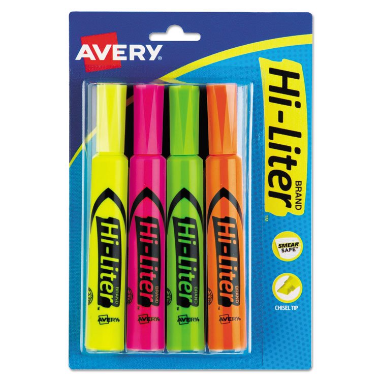 Avery HI-LITER Desk-Style Highlighters, Assorted Ink Colors, Chisel Tip, Assorted Barrel Colors, 4/Set (AVE24063)