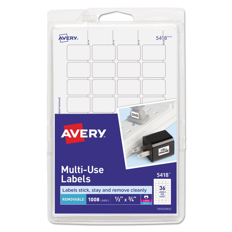 Avery Removable Multi-Use Labels, Inkjet/Laser Printers, 0.5 x 0.75, White, 36/Sheet, 28 Sheets/Pack, (5418) (AVE05418)