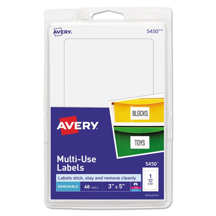 Avery Removable Multi-Use Labels, Inkjet/Laser Printers, 3 x 5, White, 40/Pack, (5450) (AVE05450)