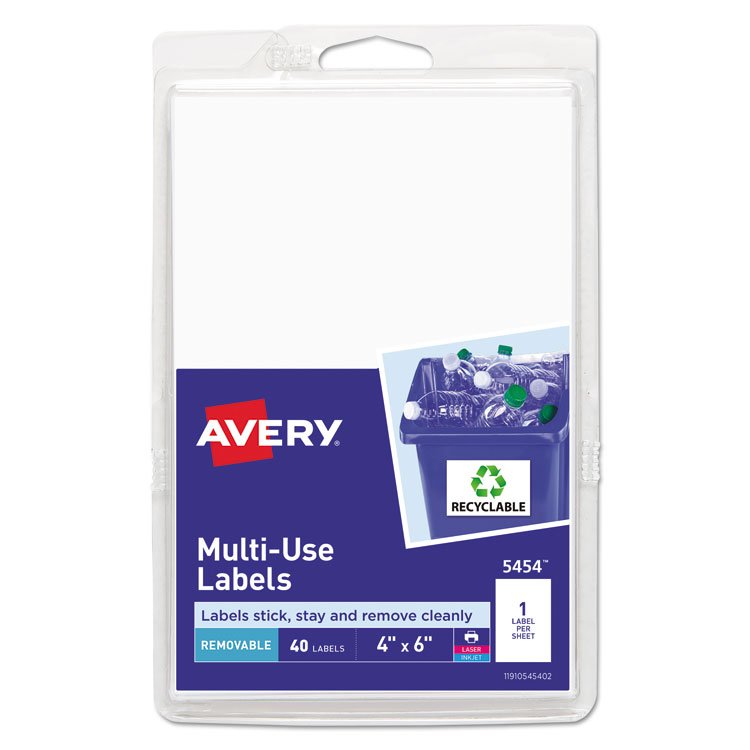 Avery Removable Multi-Use Labels, Inkjet/Laser Printers, 4 x 6, White, 40/Pack, (5454) (AVE05454)