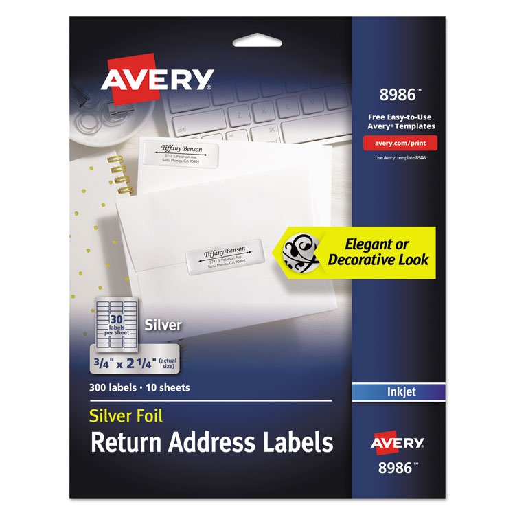 Avery Foil Mailing Labels, Inkjet Printers, 0.75 x 2.25, Silver, 30/Sheet, 10 Sheets/Pack (AVE8986)