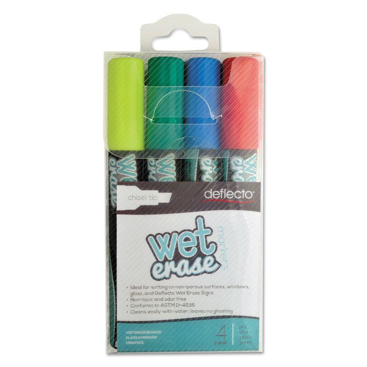 deflecto Wet Erase Markers, Medium Chisel Tip, Assorted Colors, 4/Pack (DEFSMA510V4)