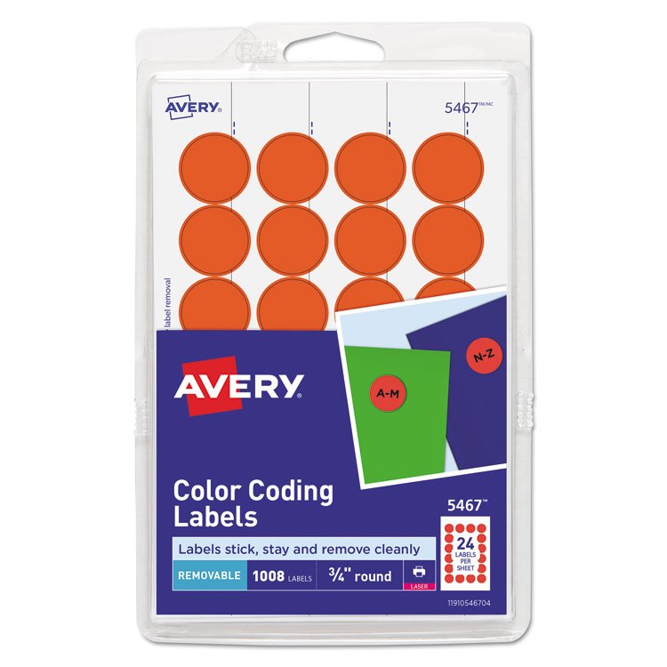 Avery Printable Self-Adhesive Removable Color-Coding Labels, 0.75" dia, Neon Red, 24/Sheet, 42 Sheets/Pack, (5467) (AVE05467)