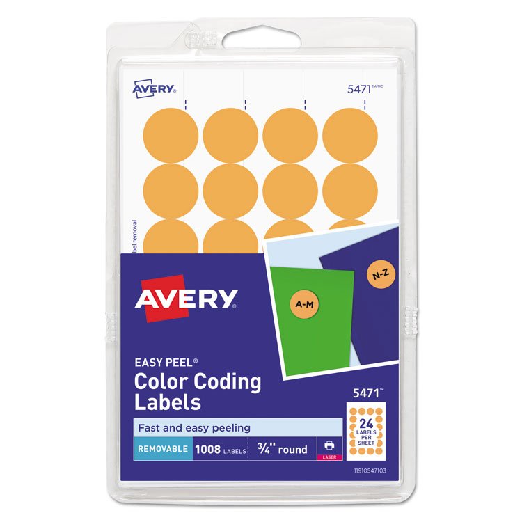 Avery Printable Self-Adhesive Removable Color-Coding Labels, 0.75" dia, Neon Orange, 24/Sheet, 42 Sheets/Pack, (5471) (AVE05471)