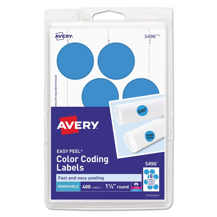 Avery Printable Self-Adhesive Removable Color-Coding Labels, 1.25" dia, Light Blue, 8/Sheet, 50 Sheets/Pack, (5496) (AVE05496)