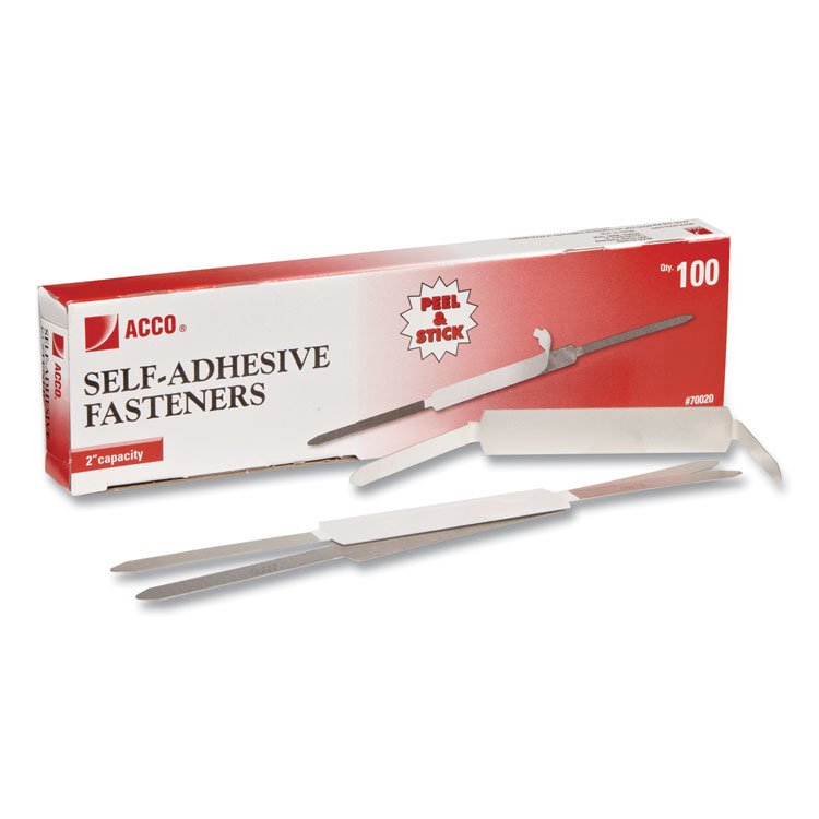 ACCO Self-Adhesive Two-Prong Paper Fastener Bases, 2" Capacity, 2.75" Center to Center, Matte Steel, 100/Box (ACC70020)