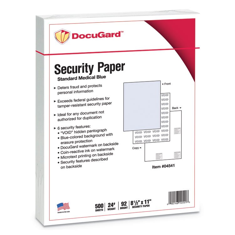 DocuGard Medical Security Papers, 24 lb Bond Weight, 8.5 x 11, Blue, 500/Ream (PRB04541)