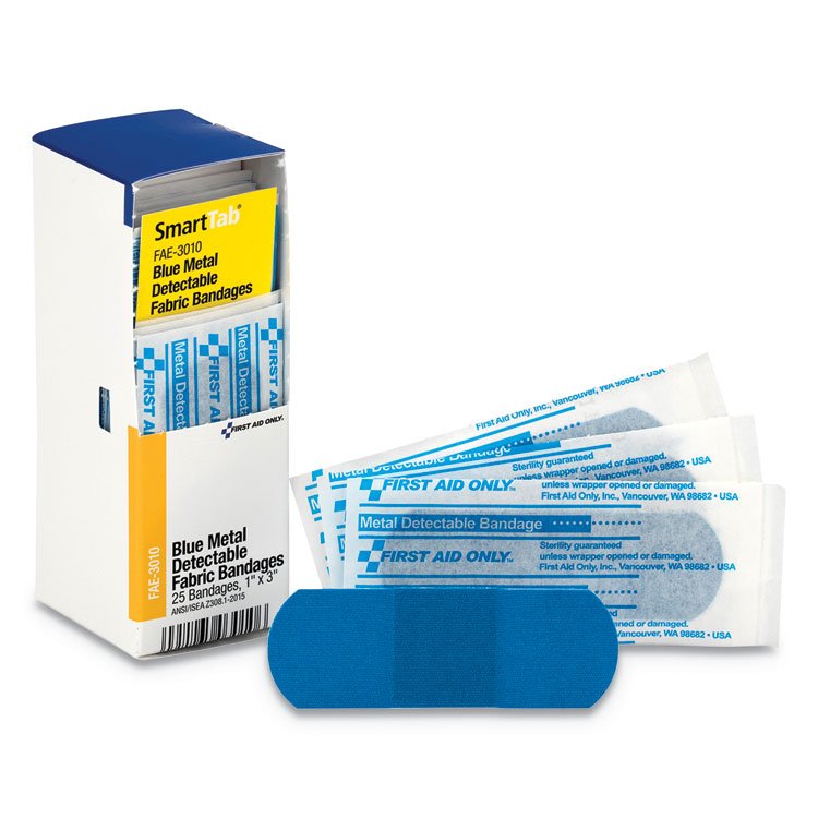 First Aid Only Refill for SmartCompliance General Cabinet, Blue Metal Detectable Bandages,1 x 3, 25/Box (FAOFAE3010)