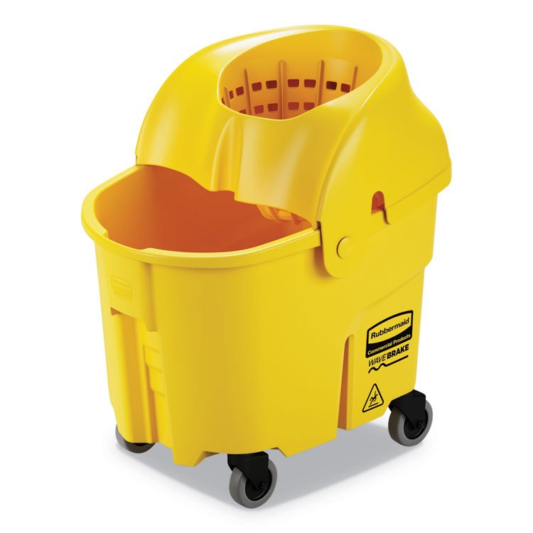 Rubbermaid Commercial WaveBrake Institution Bucket and Wringer Combos, Down-Press, 35 qt, Plastic, Yellow (RCPFG759088YEL)