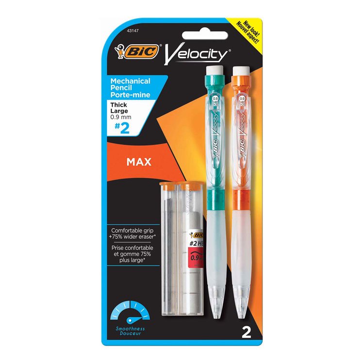 BIC Velocity Max Pencil, 0.9 mm, HB (#2), Black Lead, Assorted Barrel Colors, 2/Pack (BICMPMX9P21)