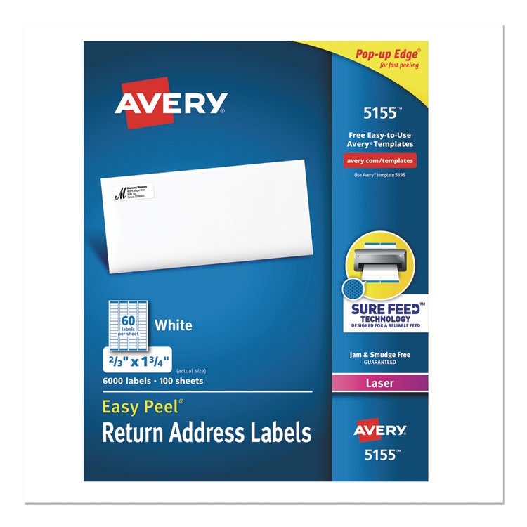 Avery Easy Peel White Address Labels w/ Sure Feed Technology, Laser Printers, 0.66 x 1.75, White, 60/Sheet, 100 Sheets/Pack (AVE5155)