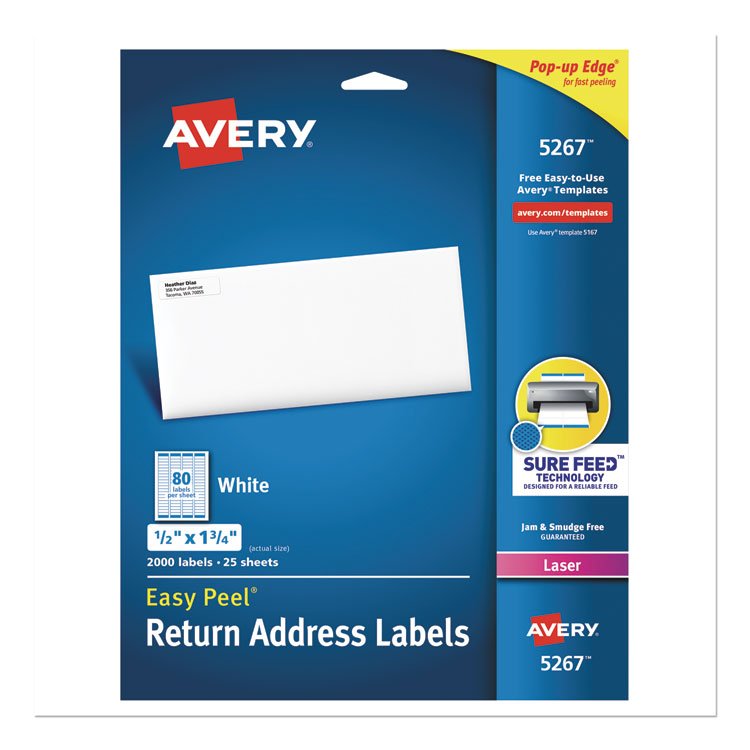 Avery Easy Peel White Address Labels w/ Sure Feed Technology, Laser Printers, 0.5 x 1.75, White, 80/Sheet, 25 Sheets/Pack (AVE5267)