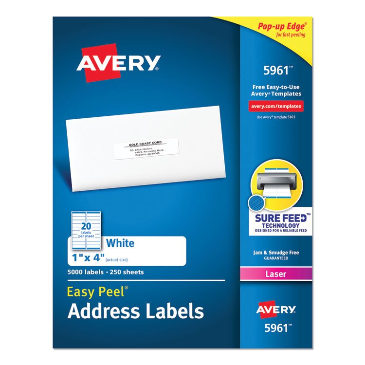 Avery Easy Peel White Address Labels w/ Sure Feed Technology, Laser Printers, 1 x 4, White, 20/Sheet, 250 Sheets/Box (AVE5961)