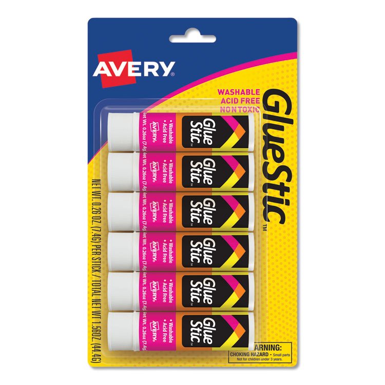 Avery Permanent Glue Stic Value Pack, 0.26 oz, Applies White, Dries Clear, 6/Pack (AVE98095)