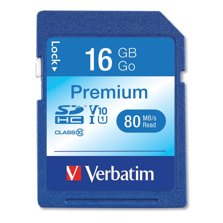 Verbatim 16GB Premium SDHC Memory Card, UHS-I V10 U1 Class 10, Up to 80MB/s Read Speed (VER96808)
