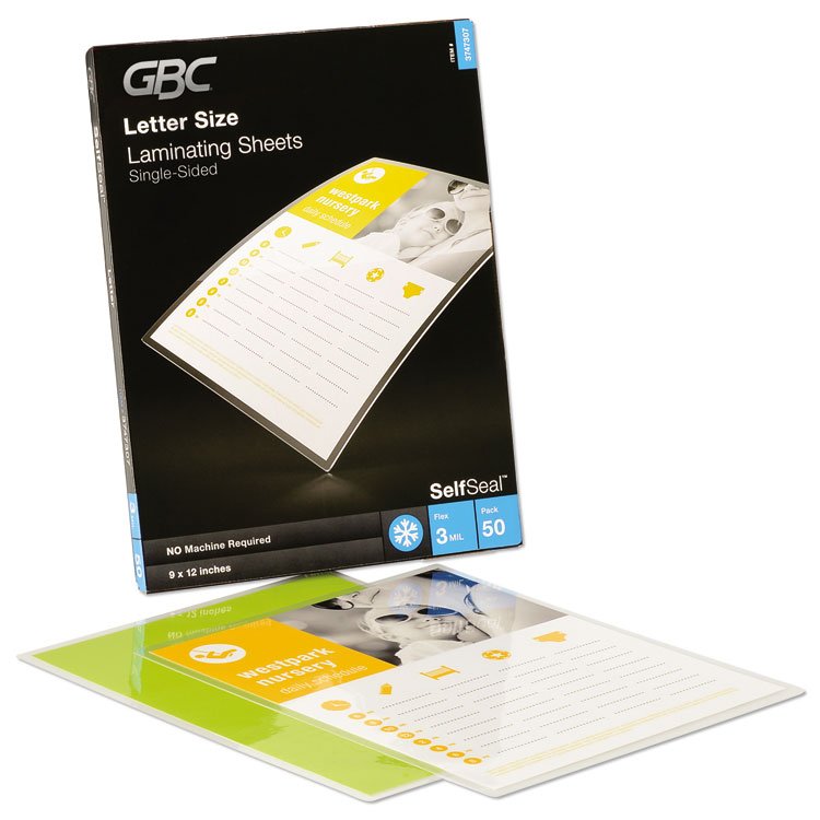 GBC SelfSeal Self-Adhesive Laminating Pouches and Single-Sided Sheets, 3 mil, 9" x 12", Gloss Clear, 50/Pack (GBC3747307)
