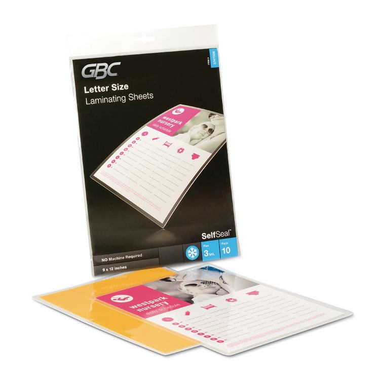 GBC SelfSeal Self-Adhesive Laminating Pouches and Single-Sided Sheets, 3 mil, 9" x 12", Gloss Clear, 10/Pack (GBC3747308)