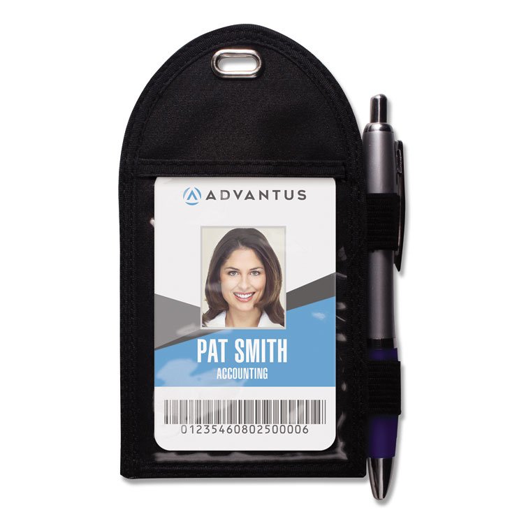 Advantus Badge Holder with Pen Loop, Vertical, Black 3.25" x 6" Holder, 2.75" x 3.5" Insert, 12/Box (AVT75648)