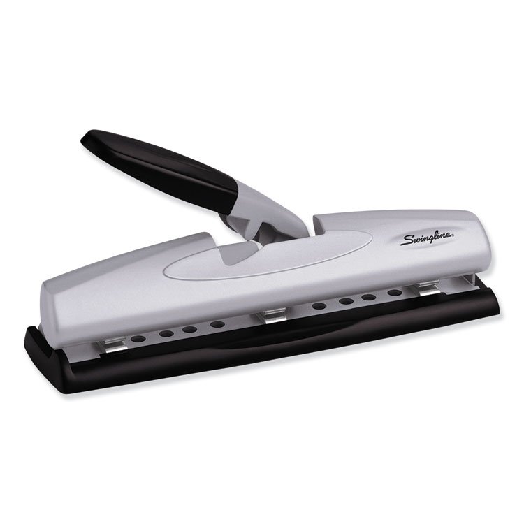 Swingline 12-Sheet LightTouch Desktop Two- to Three-Hole Punch, 9/32" Holes, Black/Silver (SWI74026)