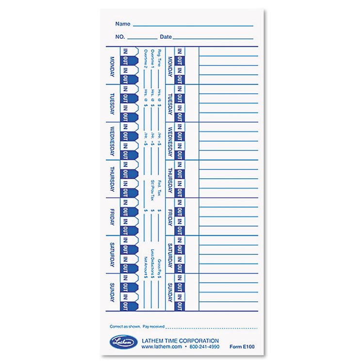 Lathem Time Time Clock Cards for Lathem Time E Series, One Side, 4 x 9, 100/Pack (LTHE100)