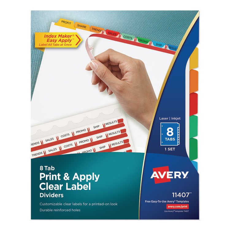Avery Print and Apply Index Maker Clear Label Dividers, 8-Tab, Color Tabs, 11 x 8.5, White, Traditional Color Tabs, 1 Set (AVE11407)