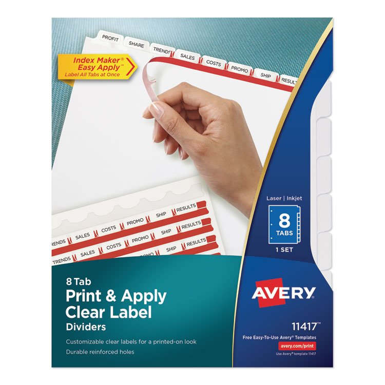 Avery Print and Apply Index Maker Clear Label Dividers, 8-Tab, 11 x 8.5, White, 1 Set (AVE11417)