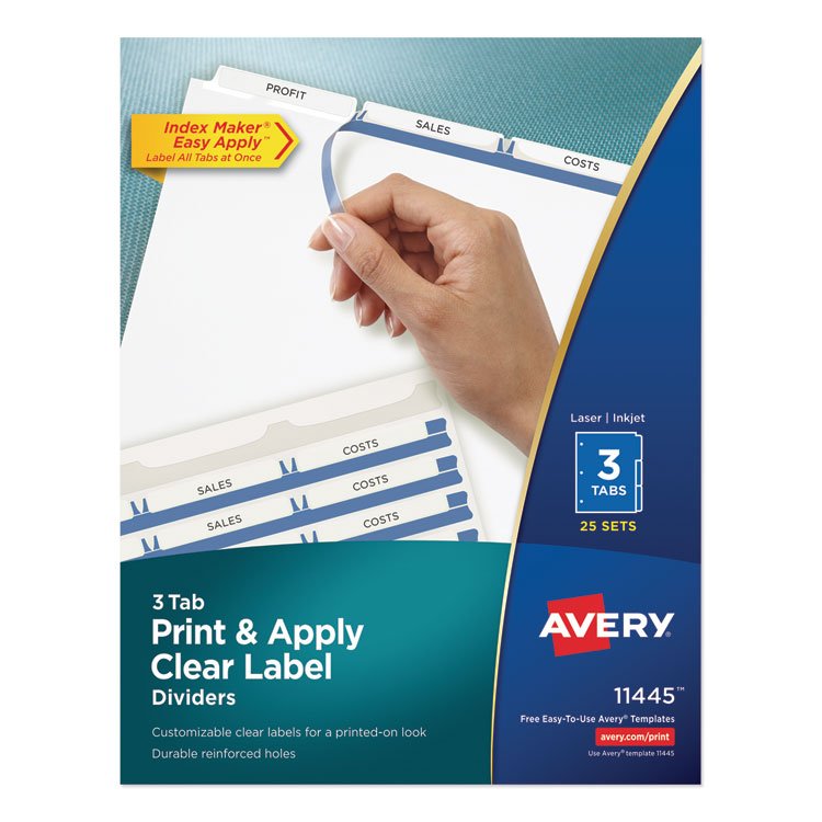 Avery Print and Apply Index Maker Clear Label Dividers, 3-Tab, White Tabs, 11 x 8.5, White, 25 Sets (AVE11445)