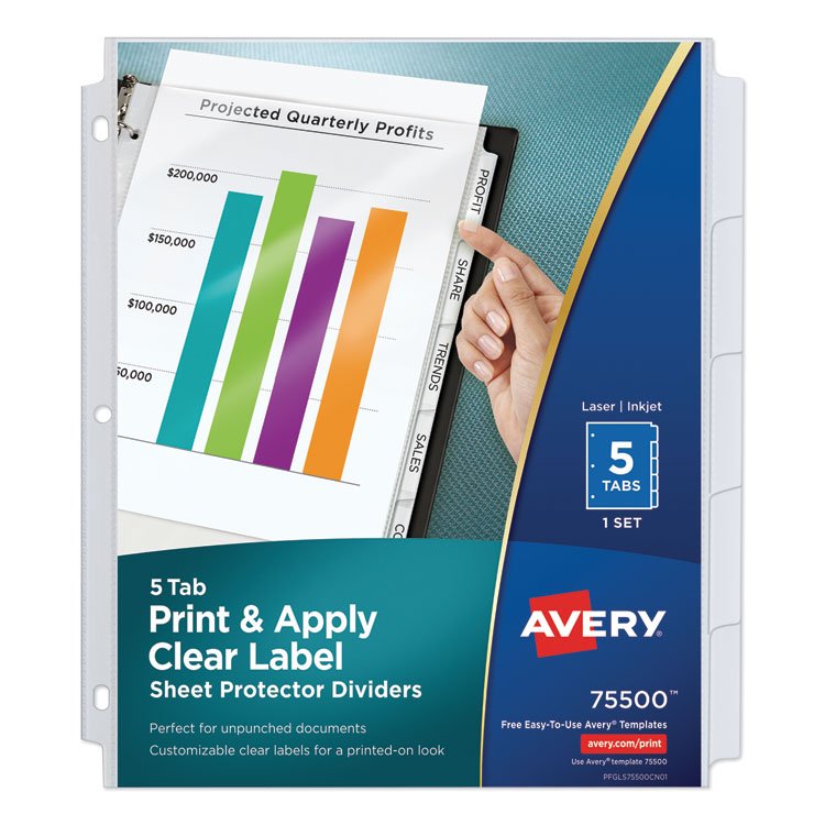Avery Print and Apply Index Maker Clear Label Sheet Protector Dividers with White Tabs, 5-Tab, 11 x 8.5, White, 1 Set (AVE75500)
