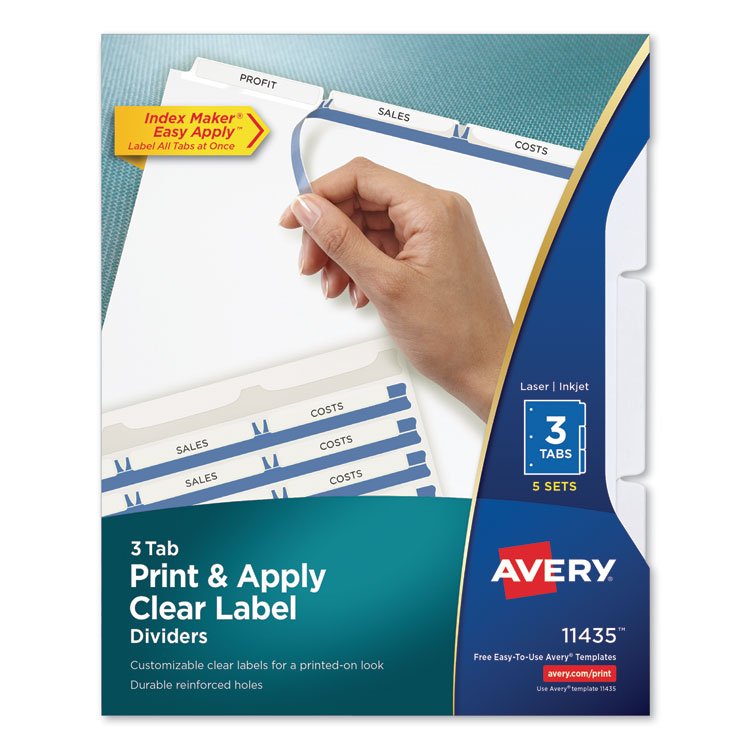 Avery Print and Apply Index Maker Clear Label Dividers, 3-Tab, White Tabs, 11 x 8.5, White, 5 Sets (AVE11435)