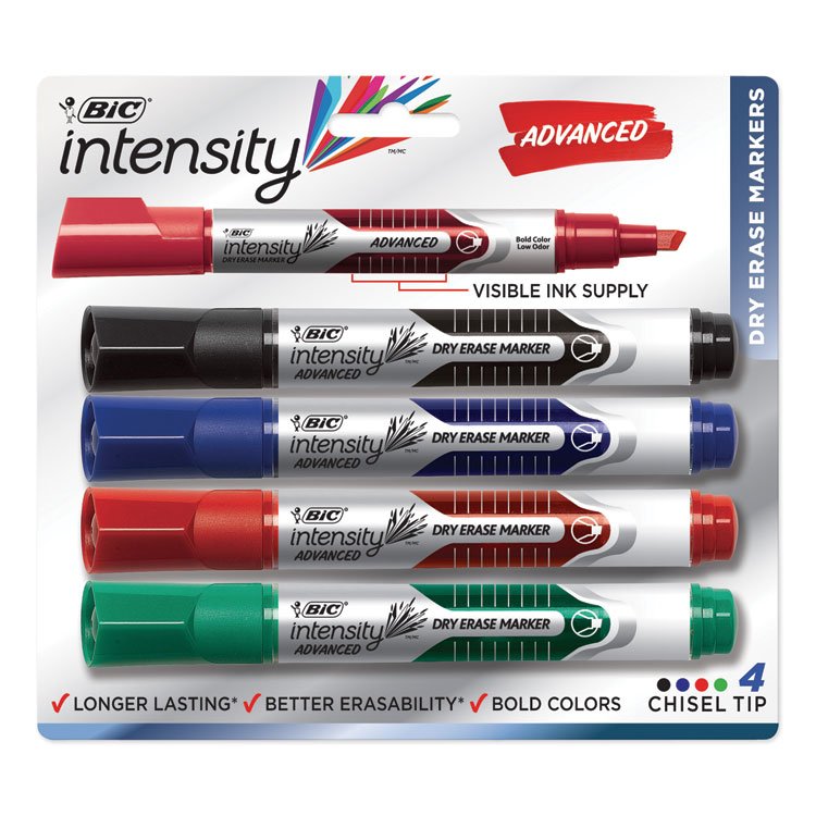 BIC Intensity Advanced Dry Erase Marker, Tank-Style, Broad Chisel Tip, Assorted Colors, 4/Pack (BICGELITP41AST)