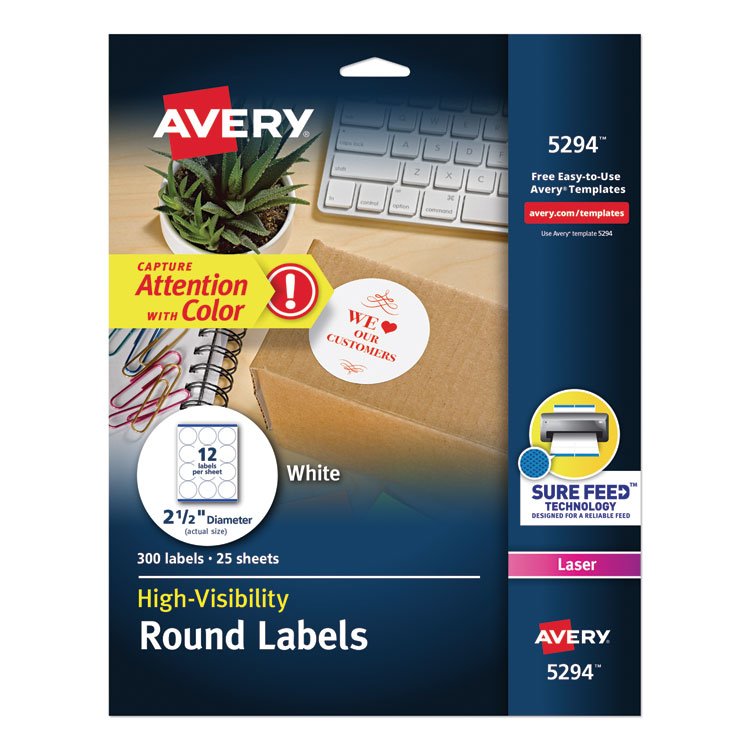 Avery Permanent Laser Print-to-the-Edge ID Labels w/SureFeed, 2 1/2"dia, White, 300/PK (AVE5294)