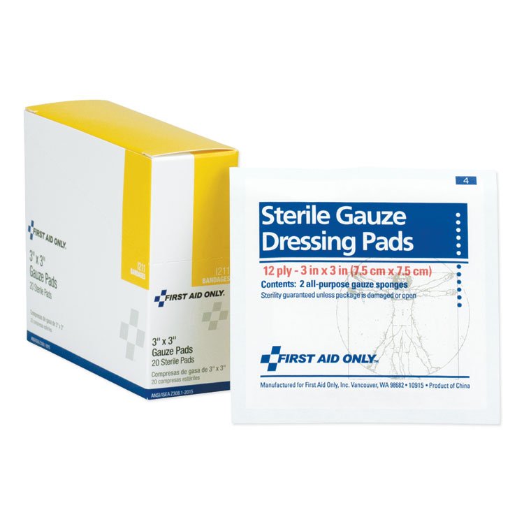 First Aid Only Gauze Dressing Pads, Sterile, 3 x 3, 10 Dual-Pads/Box (FAOI211)